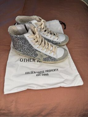 Golden Goose Silver Glitter Low-Top Sneakers with Cream Accents